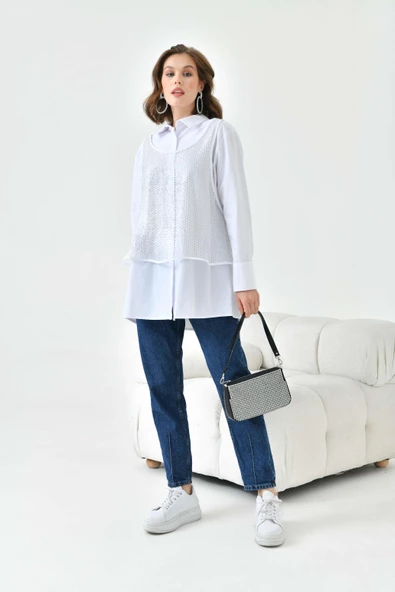 FTZ Women Kadın Fileli Koton Gömlek Takım  Ekru 30769 - Resim 4