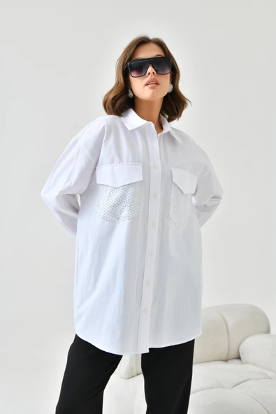 FTZ Women Kadın File Cepli Poplin Gömlek  Ekru 30768 - Resim 6