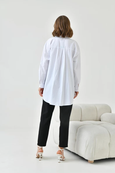 FTZ Women Kadın File Cepli Poplin Gömlek  Ekru 30768 - Resim 7