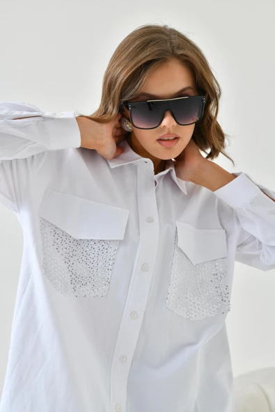 FTZ Women Kadın File Cepli Poplin Gömlek  Ekru 30768 - Resim 2