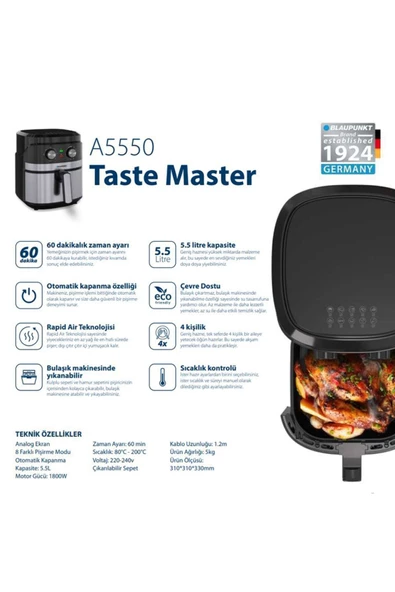 Blaupunkt A5550 Taste Master Air Fryer 5.5 lt Yağsız Fritöz - 5