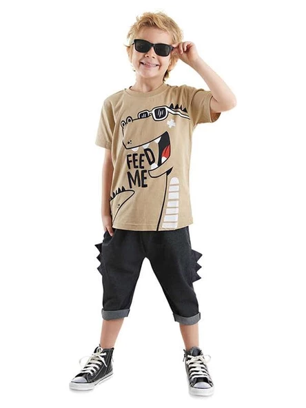 Denokids Erkek Çocuk Komik Dino T-shirt Kapri Şort Takım CFF-24Y1-089