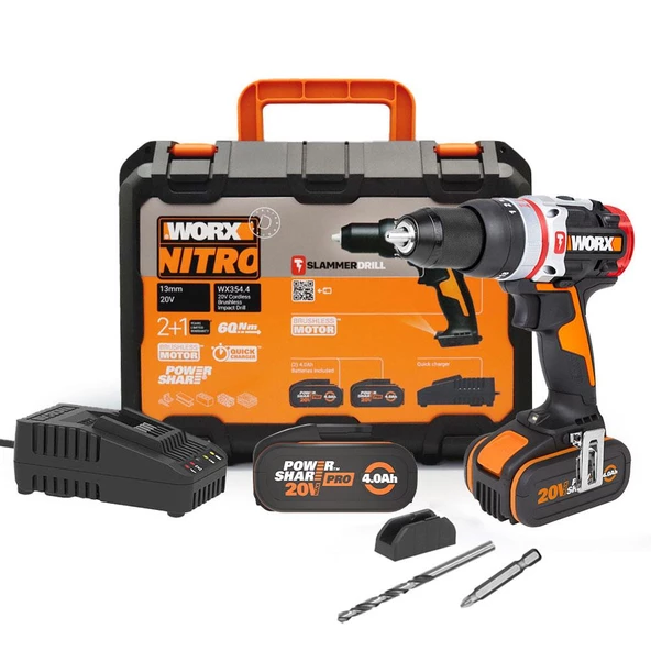 Worx Wx354.4 20Volt/4.0Ah Li-İon Çift Akülü Kömürsüz Profesyonel Şarjlı Darbeli Matkap