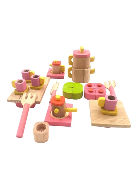 Minik Şeflerin Rüyası: Standlı Ahşap Minyatür Oyuncak Komple Mutfak Seti - 4