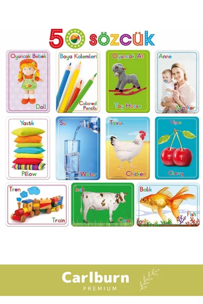Özel Üretim Zeka Geliştirici Yabancı Dil Eğitici Çocuk İlk 50 Sözcük İngilizce Türkçe Kartlar - 2