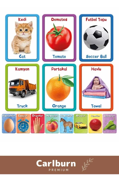 Özel Üretim Zeka Geliştirici Yabancı Dil Eğitici Çocuk İlk 100 Sözcük İngilizce Türkçe Kartlar - 2