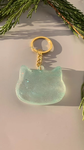 Parlak Mint Yeşili Gümüş Glitterli Gold Aksesuarlı Kedi köpek Yüzü Anahtarlık El Yapımı Epoksi - 5