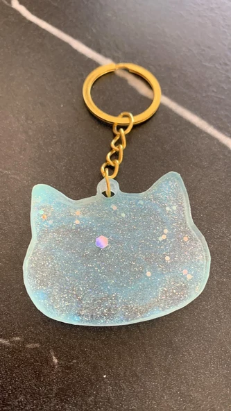 Parlak Mint Yeşili Gümüş Glitterli Gold Aksesuarlı Kedi köpek Yüzü Anahtarlık El Yapımı Epoksi - 6