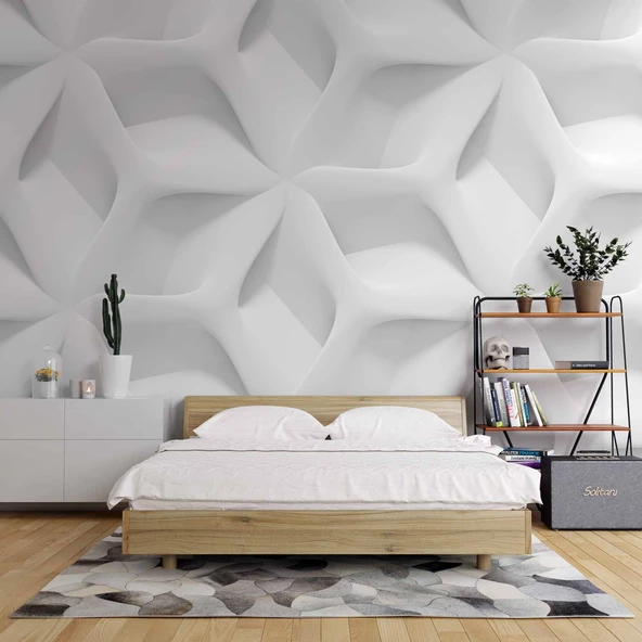3 Boyutlu Beyaz Kabartma Görünümlü Duvar Kağıdı Baskı - Resim 2