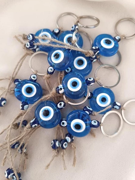 Nazar Boncuk Anahtarlık Şeffaf Mavi 10 Adet Kötü Göz Kovucu Nazar Hand Made Hasır Nazarlı Anahtarlık