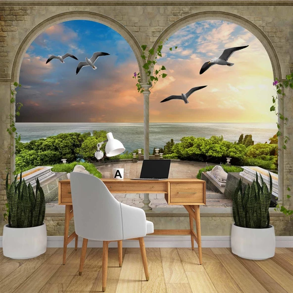 3 Boyutlu Sütun Desenli Deniz Manzaralı Duvar Kağıdı Baskı - 4