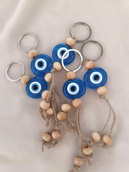 Nazar Boncuk Şeffaf Mavi Anahtarlık 5 Adet Kötü Göz Kovucu Ahşap Boncuklu Nazar Hand Made Hasır Nazarlı Anahtarlık - Resim 3