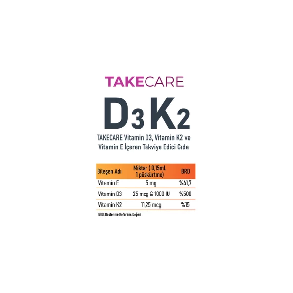 TAKECARE Vitamin D3, Vitamin K2 ve Vitamin E İçeren Takviye Edici Gıda 20ml Sprey ve Damla - 4