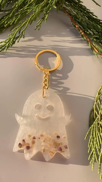 Parlak Beyaz Sedef Renkli Deniz Kabuklu Gold Aksesuarlı Hayalet Şekil Anahtarlık El Yapımı Epoksi - Resim 7