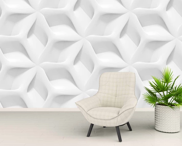 3 Boyutlu Beyaz Kabartma Görünümlü Duvar Kağıdı Baskı - Resim 6