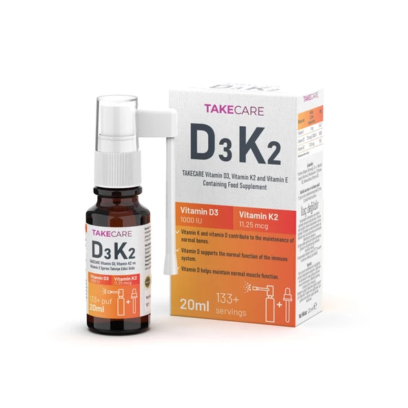 TAKECARE Vitamin D3, Vitamin K2 ve Vitamin E İçeren Takviye Edici Gıda 20ml Sprey ve Damla