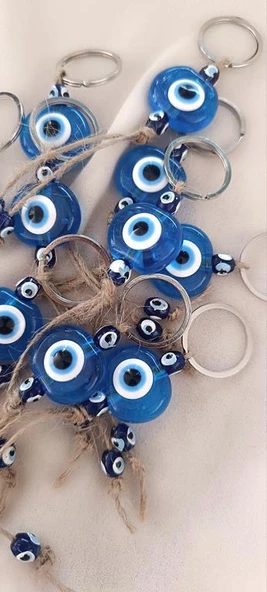 Nazar Boncuk Anahtarlık Şeffaf Mavi 10 Adet Kötü Göz Kovucu Nazar Hand Made Hasır Nazarlı Anahtarlık - Resim 4