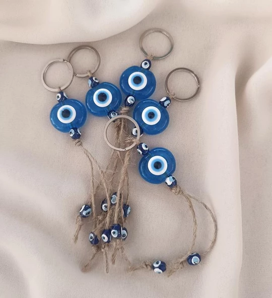 Nazar Boncuk Şeffaf Mavi Anahtarlık 5 Adet Kötü Göz Kovucu Ahşap Boncuklu Nazar Hand Made Hasır Nazarlı Anahtarlık - 4