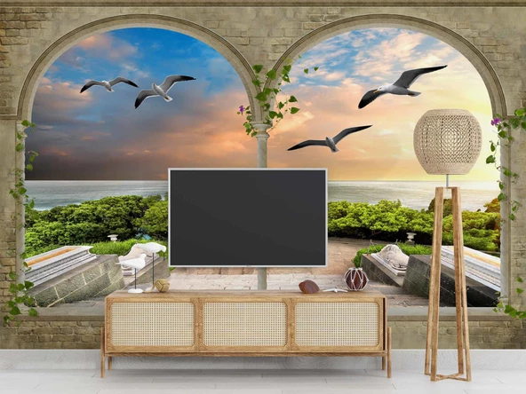 3 Boyutlu Sütun Desenli Deniz Manzaralı Duvar Kağıdı Baskı - 3