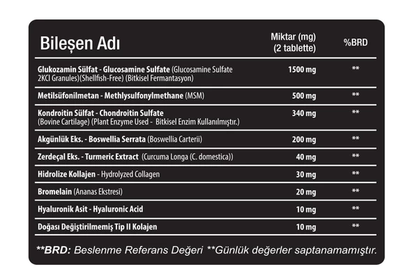 Glukozamin MSM Chondroitin Kolajen Hyaluronik asit Bromelain Boswellia Zerdeçal içeren 30 Tablet - 4