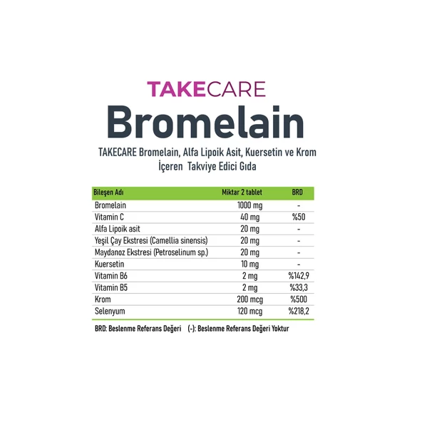 TAKECARE Bromelain, Alfa Lipoik Asit, Kuersetin ve Krom İçeren Takviye Edici Gıda 30 Tablet - 4