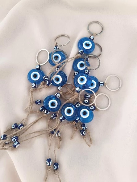 Nazar Boncuk Anahtarlık Şeffaf Mavi 10 Adet Kötü Göz Kovucu Nazar Hand Made Hasır Nazarlı Anahtarlık - Resim 5
