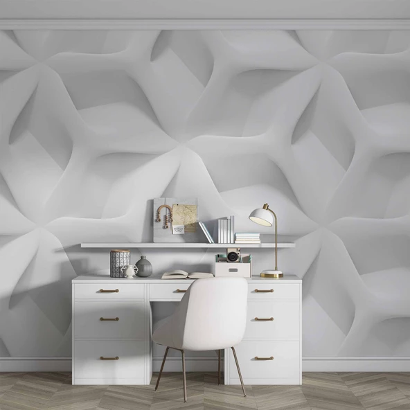 3 Boyutlu Beyaz Kabartma Görünümlü Duvar Kağıdı Baskı - Resim 4