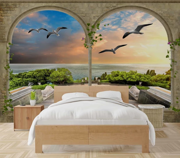 3 Boyutlu Sütun Desenli Deniz Manzaralı Duvar Kağıdı Baskı - 2