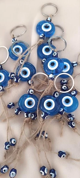 Nazar Boncuk Anahtarlık Şeffaf Mavi 10 Adet Kötü Göz Kovucu Nazar Hand Made Hasır Nazarlı Anahtarlık - Resim 3