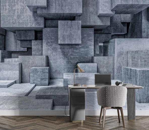 3 Boyutlu Beton Küp Görünümlü Duvar Kağıdı Baskı - Resim 4