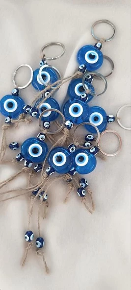 Nazar Boncuk Anahtarlık Şeffaf Mavi 10 Adet Kötü Göz Kovucu Nazar Hand Made Hasır Nazarlı Anahtarlık - Resim 6
