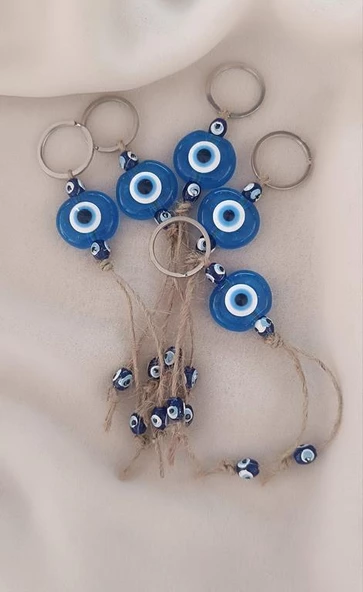 Nazar Boncuk Şeffaf Mavi Anahtarlık 5 Adet Kötü Göz Kovucu Ahşap Boncuklu Nazar Hand Made Hasır Nazarlı Anahtarlık - 5