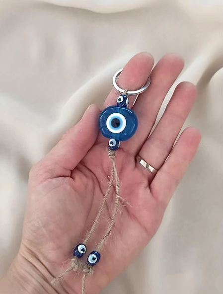 Nazar Boncuk Anahtarlık Şeffaf Mavi 10 Adet Kötü Göz Kovucu Nazar Hand Made Hasır Nazarlı Anahtarlık - Resim 2