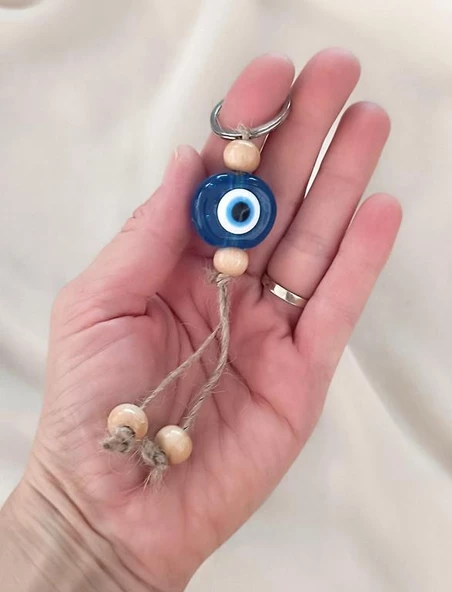 Nazar Boncuk Şeffaf Mavi Anahtarlık 5 Adet Kötü Göz Kovucu Ahşap Boncuklu Nazar Hand Made Hasır Nazarlı Anahtarlık - Resim 2