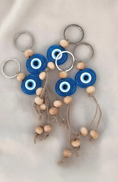 Nazar Boncuk Şeffaf Mavi Anahtarlık 5 Adet Kötü Göz Kovucu Ahşap Boncuklu Nazar Hand Made Hasır Nazarlı Anahtarlık - Resim 4