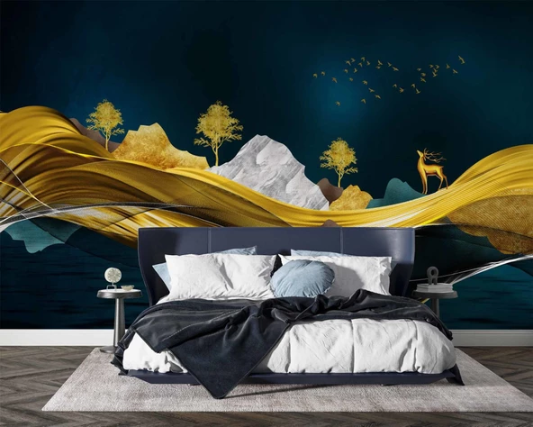 Moder Lacivert Gold Sanatsal Manzara Duvar Kağıdı Baskı - Resim 2