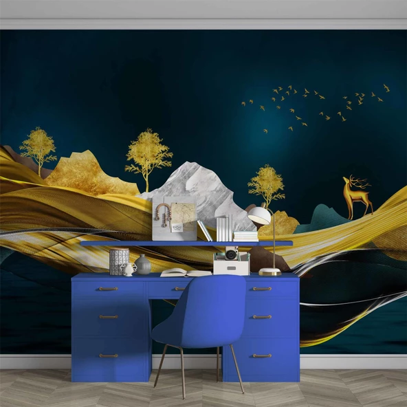 Moder Lacivert Gold Sanatsal Manzara Duvar Kağıdı Baskı - Resim 4