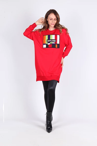 Kadın Renkli Uzun Sweatshirt Tesettür Tunik - 8