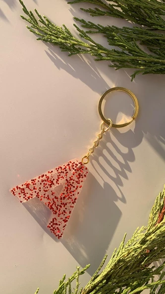 A Harfi Kırmızı Simli Pullu Gold Aksesuarlı Epoksi Anahtarlık El Yapımı Epoksi Hediyelik - Resim 7