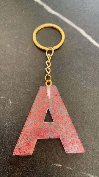 A Harfi Kırmızı Simli Pullu Gold Aksesuarlı Epoksi Anahtarlık El Yapımı Epoksi Hediyelik - Resim 2