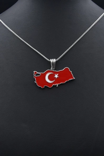 Türk Bayrağı ( Ay Yıldızlı ) Mineli  925 Ayar Gümüş Kolye Zincir 901119 - 8