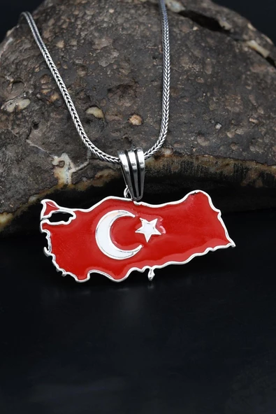 Türk Bayrağı ( Ay Yıldızlı ) Mineli  925 Ayar Gümüş Kolye Zincir 901119 - 2
