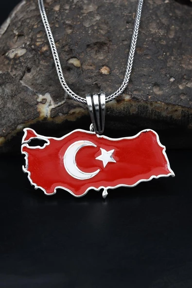 Türk Bayrağı ( Ay Yıldızlı ) Mineli  925 Ayar Gümüş Kolye Zincir 901119 - 1