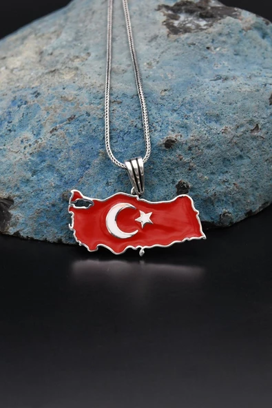 Türk Bayrağı ( Ay Yıldızlı ) Mineli  925 Ayar Gümüş Kolye Zincir 901119 - 6