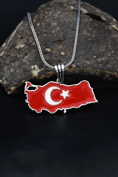 Türk Bayrağı ( Ay Yıldızlı ) Mineli  925 Ayar Gümüş Kolye Zincir 901119 - 3