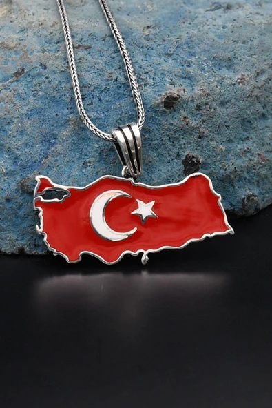 Türk Bayrağı ( Ay Yıldızlı ) Mineli  925 Ayar Gümüş Kolye Zincir 901119 - 4