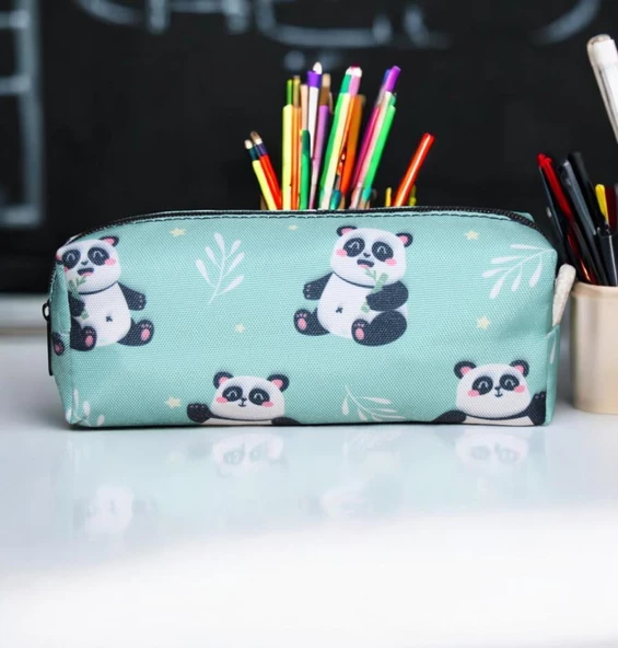 Yeşil Panda Desenli Tatlı Kalemlik - Okul Kalemliği-Makyaj Çantası - 3