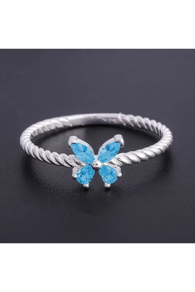 Açık Mavi Renkli Zirkon Taşlı Çıtır Kelebek Model Yüzük 925 Ayar Gümüş - 2