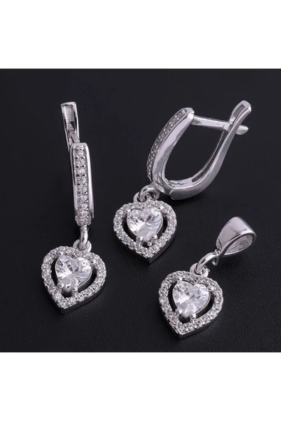Gümüş (925 Ayar) Zirkon Taşlı Kalp Modeli Zarif Üçlü Set(Bir Çift Küpe, Kolye ucu)) - Resim 2