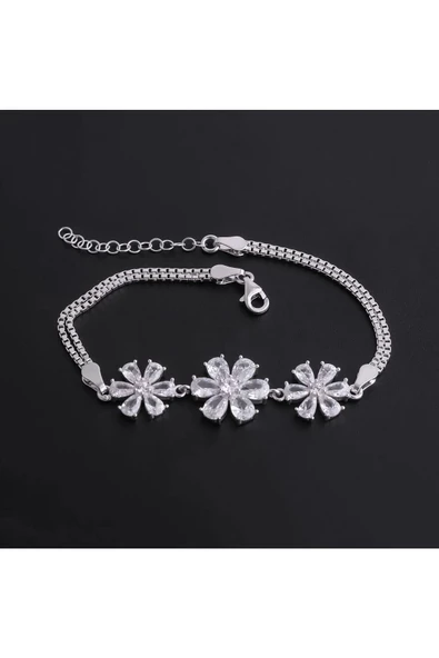 (925 AYAR) Gümüş Zirkon Taşlı Papatya Modeli Bileklik - Resim 2
